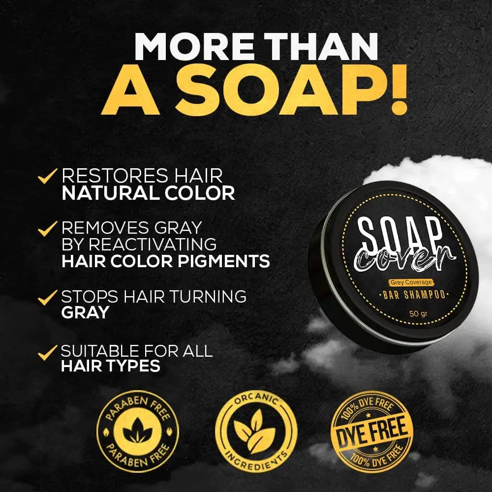 SoapCover, Gray Hair Coverage Soap, Hair Darkening Compressed Soap Bar, 1.7 Oz with Scalp Massager Hair Brush